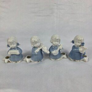 FOUR Vintage Ceramic Candle Holders Blue & White Children Playing Instruments